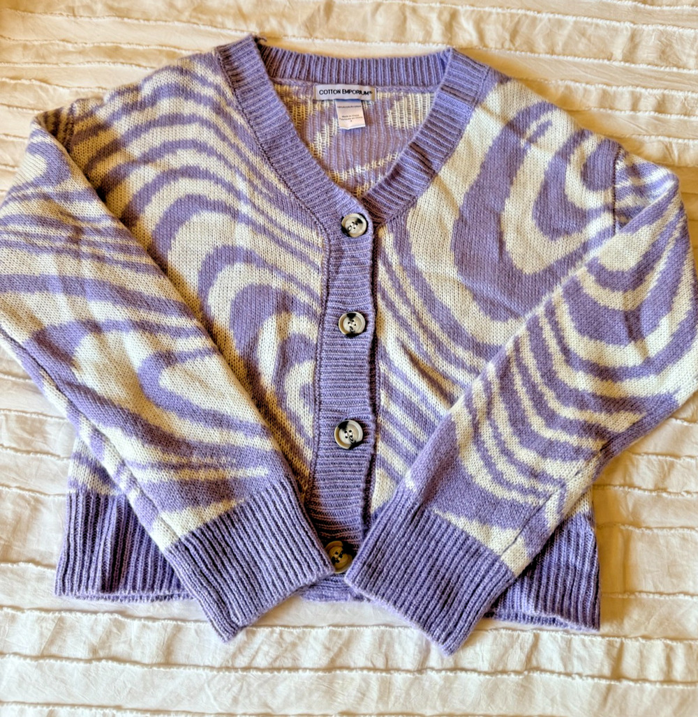 Cotton Emporium Womens S Purple Swirl Cardigan Y2K Psychedelic Cropped Sweater